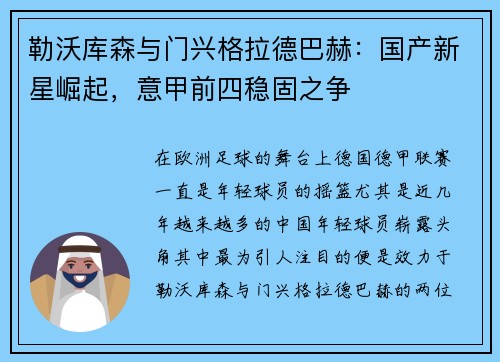 勒沃库森与门兴格拉德巴赫：国产新星崛起，意甲前四稳固之争
